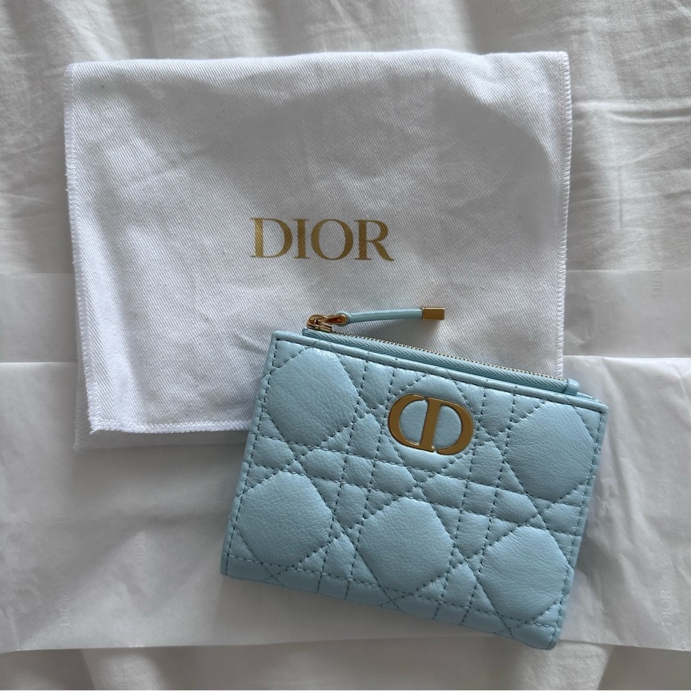 NEW unused Lady Dior Voyageur Wallet Céleste Blue Cannage Calf Leather